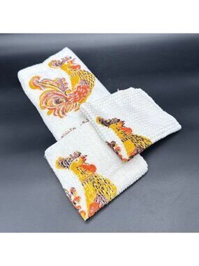Vintage Rooster Hand Towel Washcloth Set 1970s Cannon USA Cotton Retro Chickens